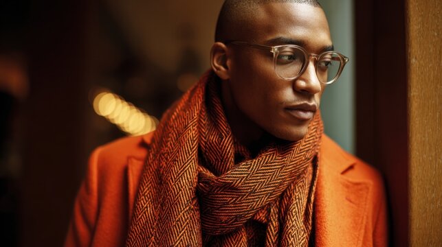 A man wearing glasses and an orange scarf is looking out the window. The scarf is a checkered pattern and the man's outfit is warm and cozy