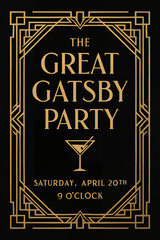 Art Deco Great Gatsby party invitation with gold geometric borders and martini glass on black background, representing retro glamour theme. Art Deco style © Konstantin Sigaev
