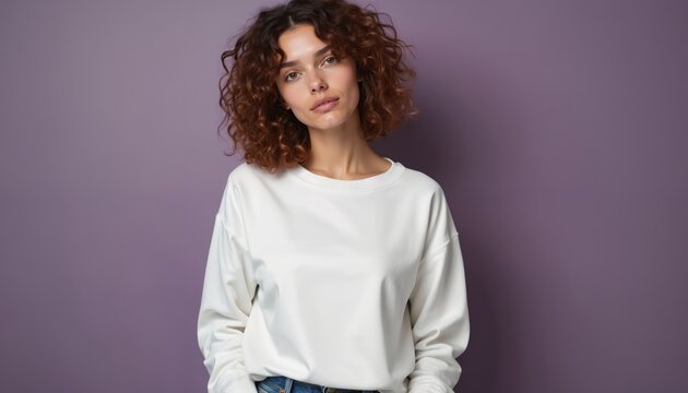 Young woman with curly brown hair poses wearing simple white crewneck sweatshirt, blue jeans. Stands casually in studio against plain purple background, looking directly at camera. Versatile blank