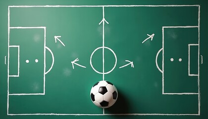 Soccer field tactics are displayed on a green surface. Arrows drawn on pitch show strategies. Ball lies in the center ready for game plan. Coach uses visual guide.