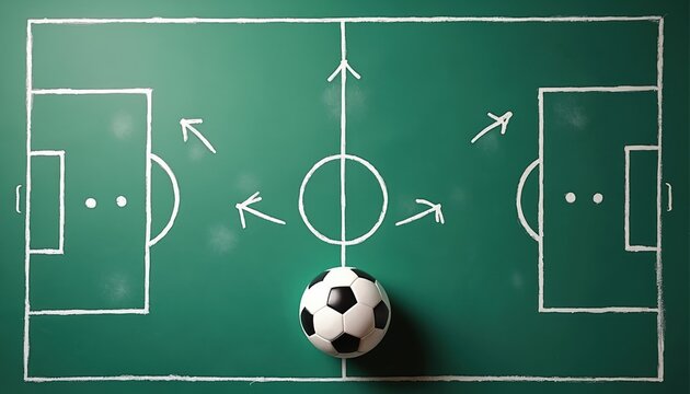 Soccer field tactics are displayed on a green surface. Arrows drawn on pitch show strategies. Ball lies in the center ready for game plan. Coach uses visual guide.