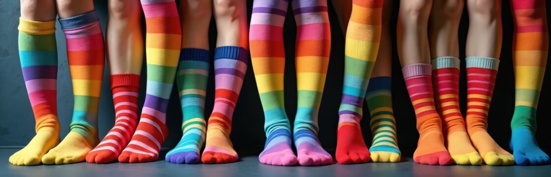 Legs wear colorful striped socks. People pose in rainbow patterned stockings for Down Syndrome Awareness concept. Diverse footwear expresses support, promotes inclusivity, celebrates difference. - Powered by Adobe