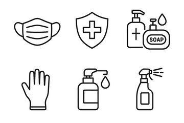 Essential hygiene icons: face mask, hand sanitizer, soap, gloves, disinfectant spray, shield