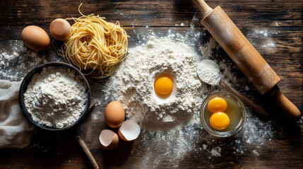 Pasta-making ingredients arranged on a wooden surface with flour, eggs, egg yolk, fresh pasta nests, bowl of flour, and a rolling pin.