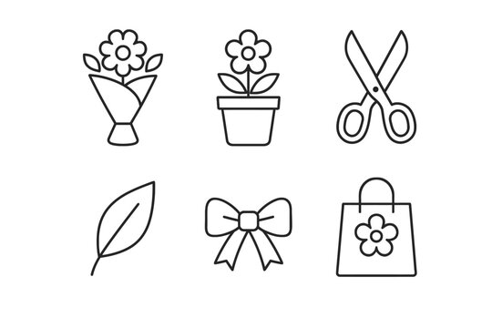 Floral icon set: flower bouquet, potted plant, scissors, leaf, bow, shopping bag