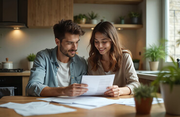 Happy couple sit at kitchen table reading document. Woman and man discuss paperwork together in modern home. Partners review financial papers planning budget. People read contract at cozy interior.