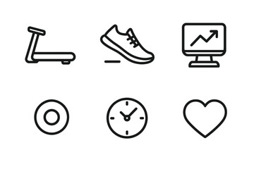 Fitness icons set: treadmill, running shoe, growth chart, donut, clock, heart symbol