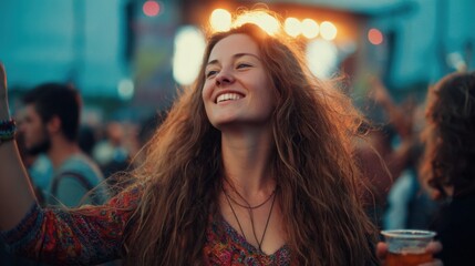 A woman smiles brightly while she dances amidst a lively crowd at an outdoor music festival during sunset. She holds a drink soaking in the vibrant atmosphere and energy.