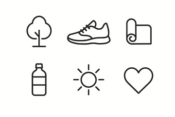 Fitness and wellbeing icons: tree, sneaker, yoga mat, water bottle, sun, heart
