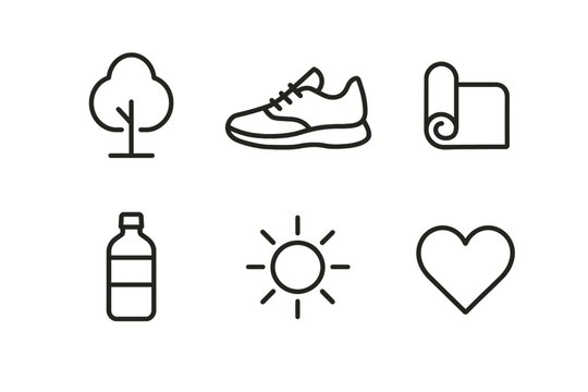 Fitness and wellbeing icons: tree, sneaker, yoga mat, water bottle, sun, heart