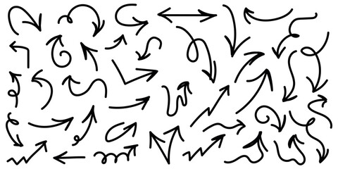 Stylized hand-drawn arrows on a white background.Simple Hand-Drawn Arrow Set Black Vector