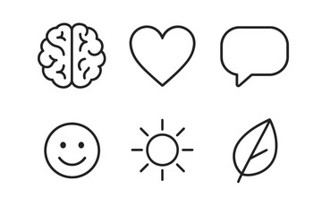 Simple outline icons of brain, heart, speech bubble, smile, sun, and leaf