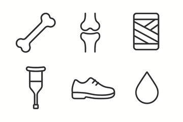 Obraz premium Medical icons set: bone, joint, bandage, crutch, shoe, droplet symbols in black outline