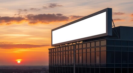 Blank billboard on building rooftop during vibrant sunset