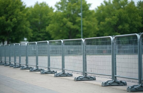 Metal barriers form a neat line on pavement. Mobile fences create temporary partitions for crowd control and safety. Steel construction sections secure event or construction sites outdoors.