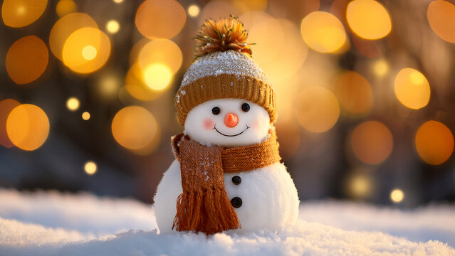Cute snowman with scarf and toque in snow with blurred golden lights background