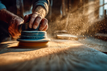 Skilled craftsman using an electric sander to smooth wooden surface with dust particles illuminated by warm natural light in a workshop setting