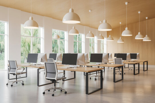 Modern open office space with desks and chairs bright interior design for coworking and collaboration promoting productivity and teamwork - Powered by Adobe