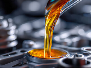 Pouring golden engine oil into a mechanical component showcasing lubrication and maintenance of automotive machinery for optimal performance and durability