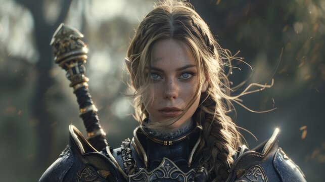 A fierce and heavily armored warrior stands valiantly in a snowy terrain, skillfully wielding a sword