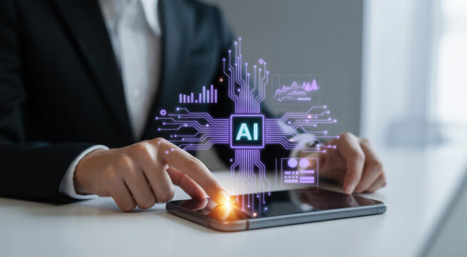 AI technology concept with a person using a smartphone showcasing artificial intelligence and machine learning for business and innovation