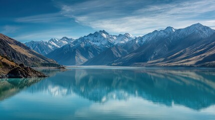 A beautiful mountain range with a lake in the foreground. The lake is calm and blue, reflecting the mountains in the distance. The scene is serene and peaceful, with the mountains
