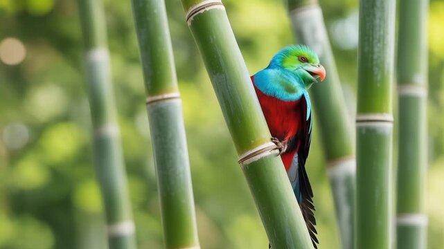 Colorful quetzal resting on bamboo branch in lush tropical rainforest