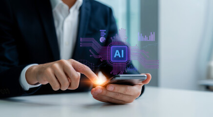 Man using smartphone with AI interface futuristic technology concept for business and communication digital transformation and innovation