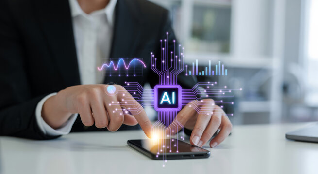 Businessman using AI technology on a smartphone with digital interface and data analysis for business innovation and automation
