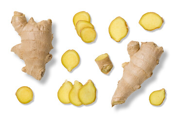 Collection of fresh ginger root and sliced ginger pieces isolated on a transparent background, PNG....