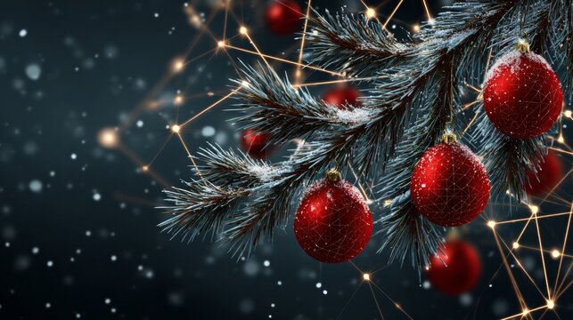 The quiet beauty of a festive christmas scene. Smart grid. Traditional holiday scene: red ornaments and fir in winterâ€™s embrace. Digital web. Tech ecosystem. - Powered by Adobe