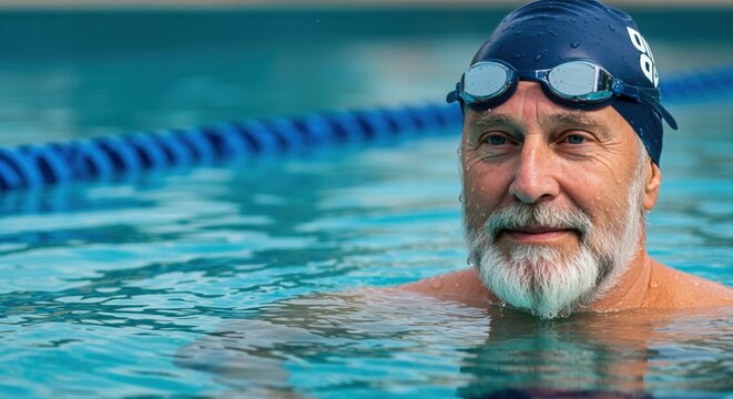 elderly man with swimming cap enjoying outdoor pool on a sunny day, feeling relaxed and refreshed