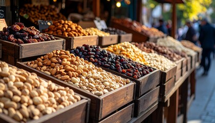 Various dried fruits and nuts neatly arranged in wooden crates at an outdoor market, captured in a realistic photo style with a blurred city street background