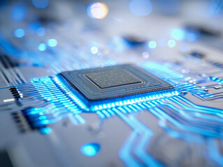 Advanced glowing microchip on a modern circuit board illustrating futuristic technology and electronic innovation in a vibrant blue light environment