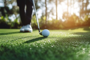 Golfer preparing swing on lush green course at sunset. AI image