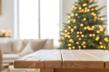 Rustic wooden table with blurred Christmas tree background festive holiday scene in a cozy home perfect for seasonal promotions
