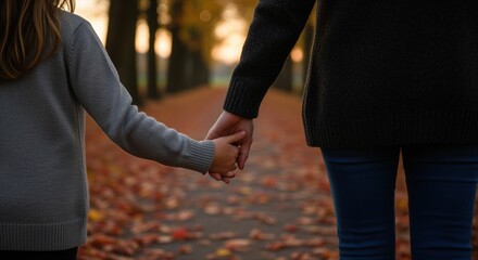 mother and child walking hand in hand on a leaf-filled autumn path at sunset