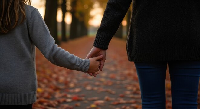 mother and child walking hand in hand on a leaf-filled autumn path at sunset