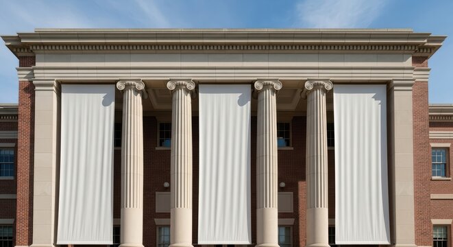 Neoclassical architecture with columns at red brick building