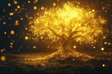 A luminous and enchanting tree radiates a warm golden light in a mystical atmosphere filled with sparkling enchantment
