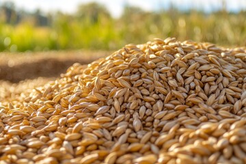 Obraz premium Close-up of wheat grains and stalks in golden field. AI image