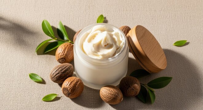 natural shea butter cream in glass jar with nuts and leaves on beige textured surface