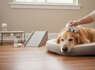 Relaxed Golden Retriever dog on a pet bed getting a soothing head massage from a person's hand using a white device indoors.