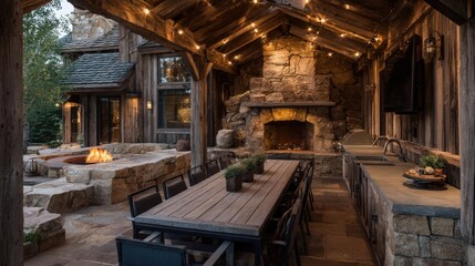 Cozy outdoor dining area showcases a large wooden table and stone fireplace. Warm lights hang overhead next to a fire pit creating an inviting atmosphere for gatherings.
