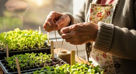 senior woman gardening indoors with young seedlings and twine on a sunny day