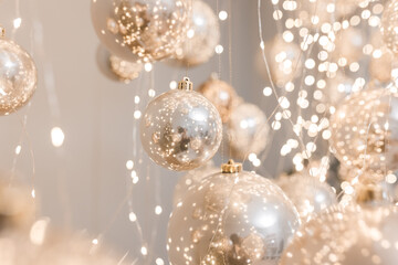 Silver and golden christmas balls with garland with lights. Christmas mood concept for background