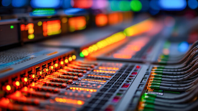 Vibrant illuminated audio mixing console with multicolored control buttons and connected cables in modern music production studio environment
