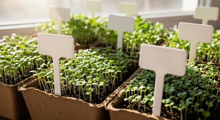 Fototapeta premium sunlit indoor seedlings in biodegradable pots with blank labels for sustainable gardening
