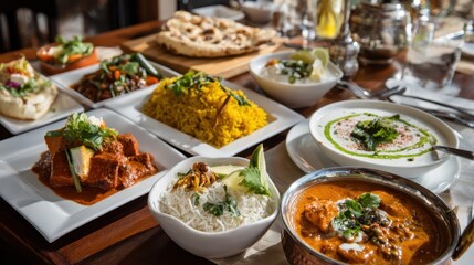 A table full of food with a variety of dishes including rice, curry, and soup. The table is set for a meal and the dishes are arranged in a way that makes them look appetizing
