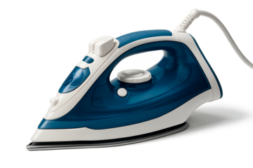 Blue and white electric steam iron with ergonomic handle and temperature dial shown on a transparent background, representing home appliance and laundry care concept